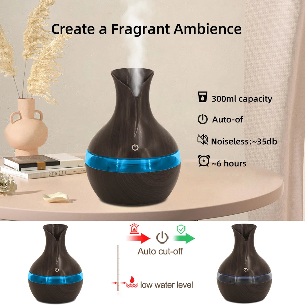 300ml Ultrasonic Humidifier & Aromatherapy Diffuser — USB | Essential Oils Included | Home, Office & Car