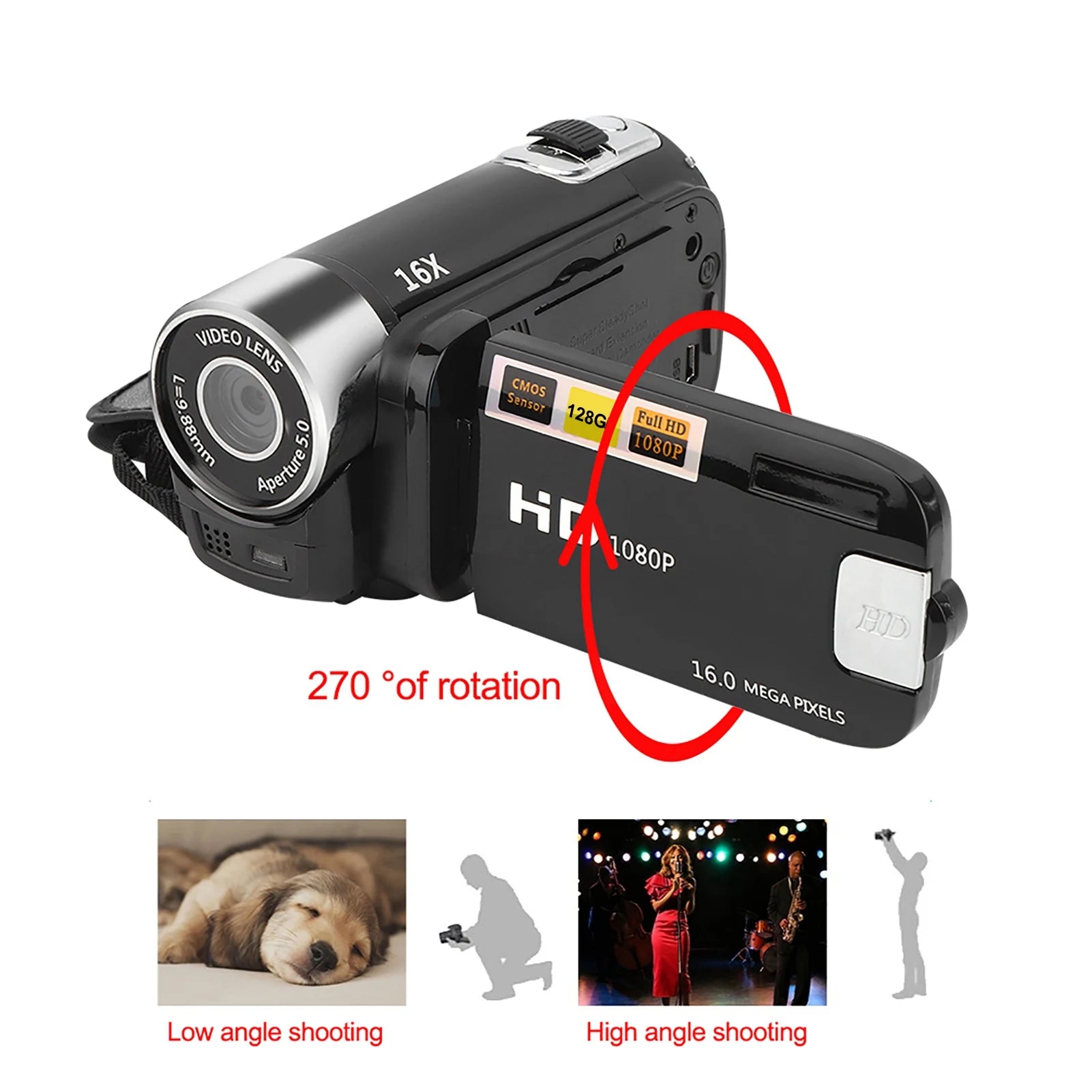 HD Digital Camcorder 1080P — 16X Zoom | 2.7" Rotating Screen | Kids, Teens & Beginners