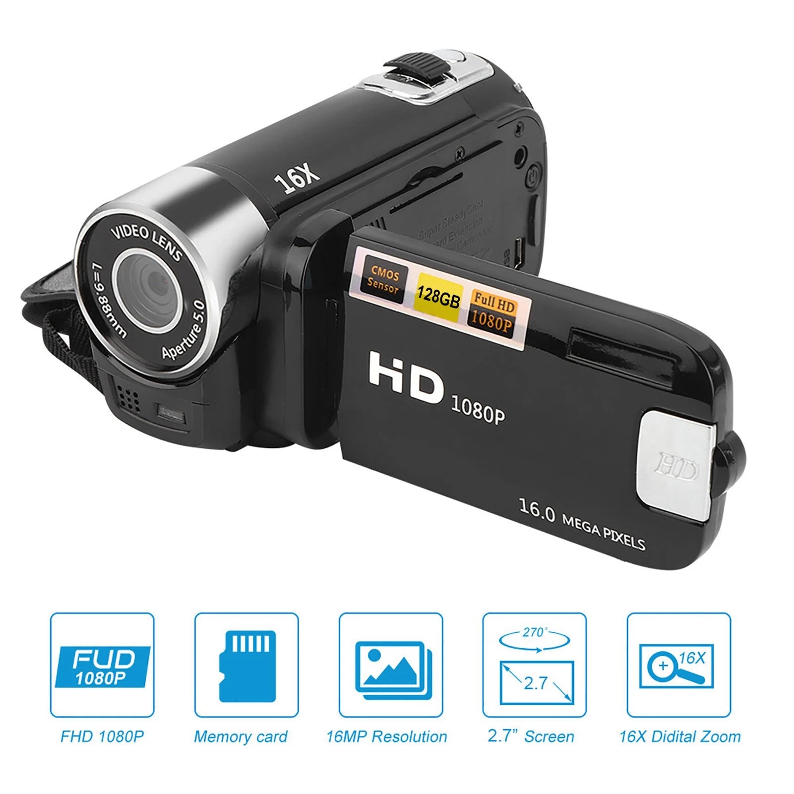 HD Digital Camcorder 1080P — 16X Zoom | 2.7" Rotating Screen | Kids, Teens & Beginners