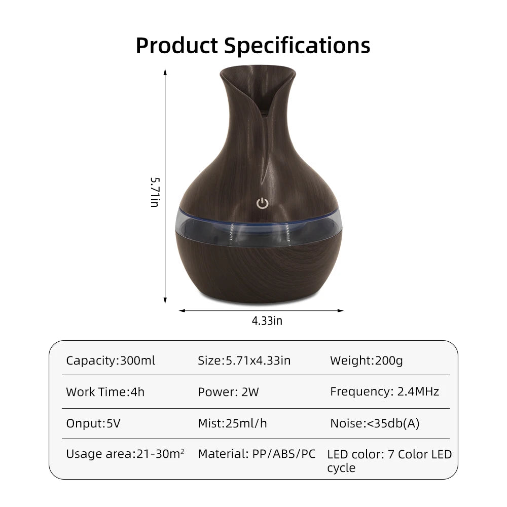 300ml Ultrasonic Humidifier & Aromatherapy Diffuser — USB | Essential Oils Included | Home, Office & Car