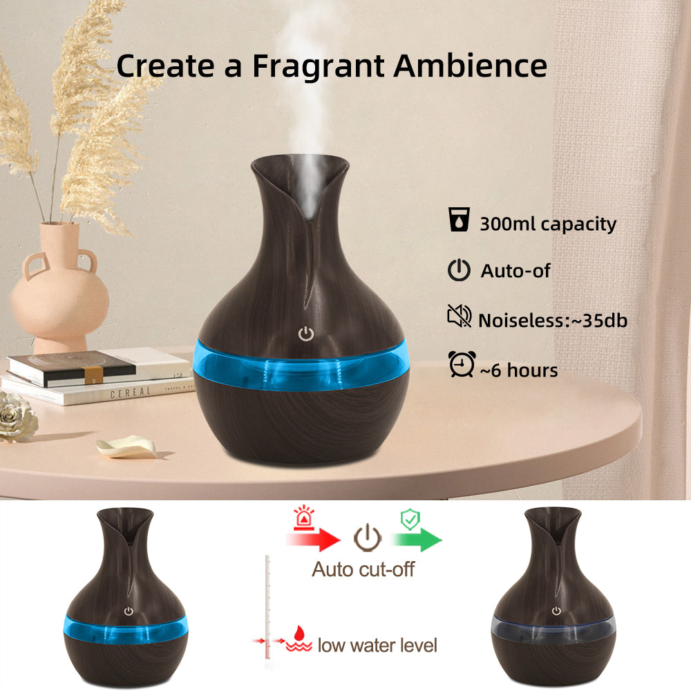 300ml Ultrasonic Humidifier & Aromatherapy Diffuser — USB | Essential Oils Included | Home, Office & Car